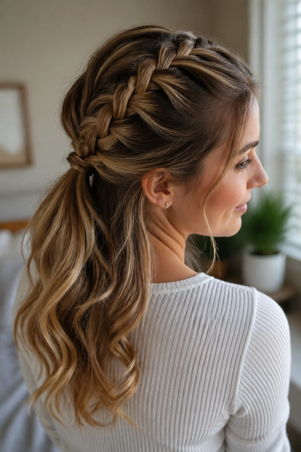 Real woman with Dutch braid flowing into a low half pony behind the crown