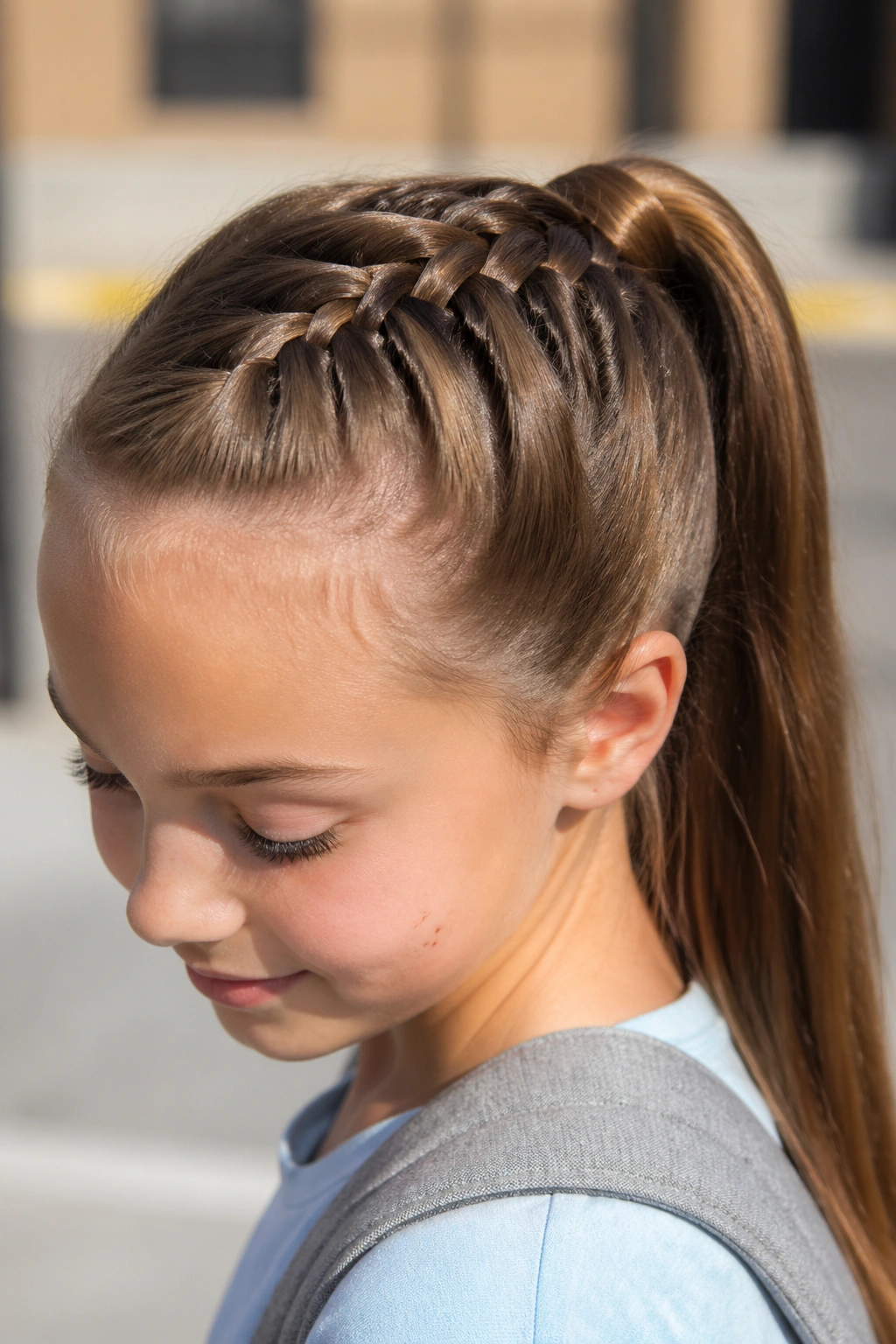 Close-up of a real child with a Dutch braid at the hairline flowing into a ponytail