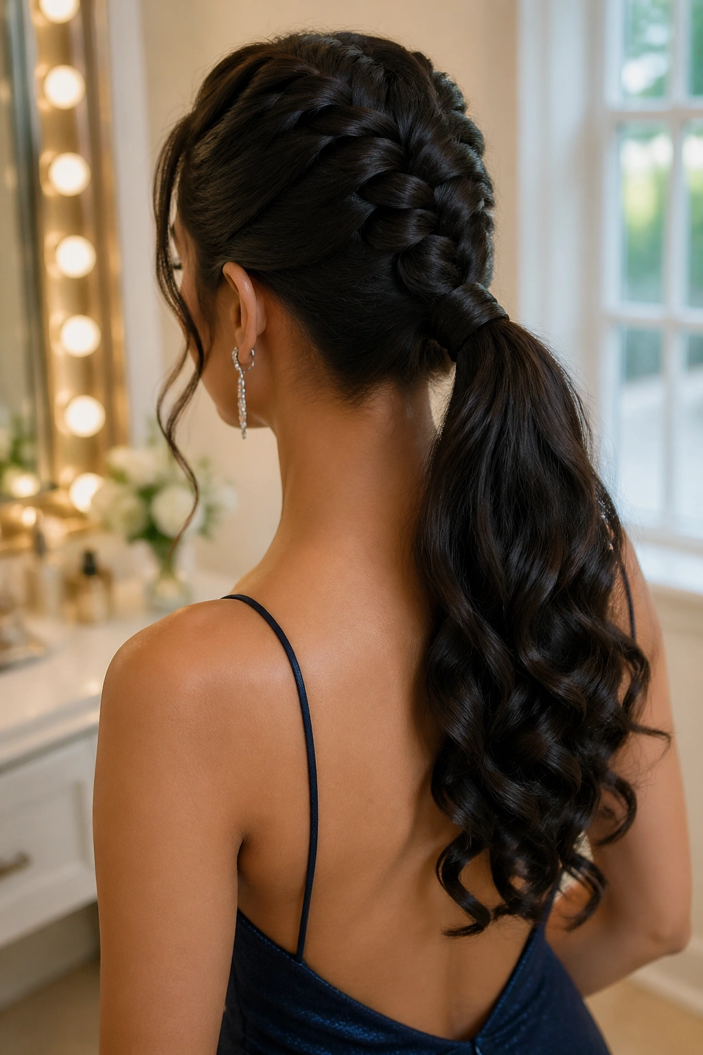 Rear view of a real person with a Dutch braid ponytail and curled ends