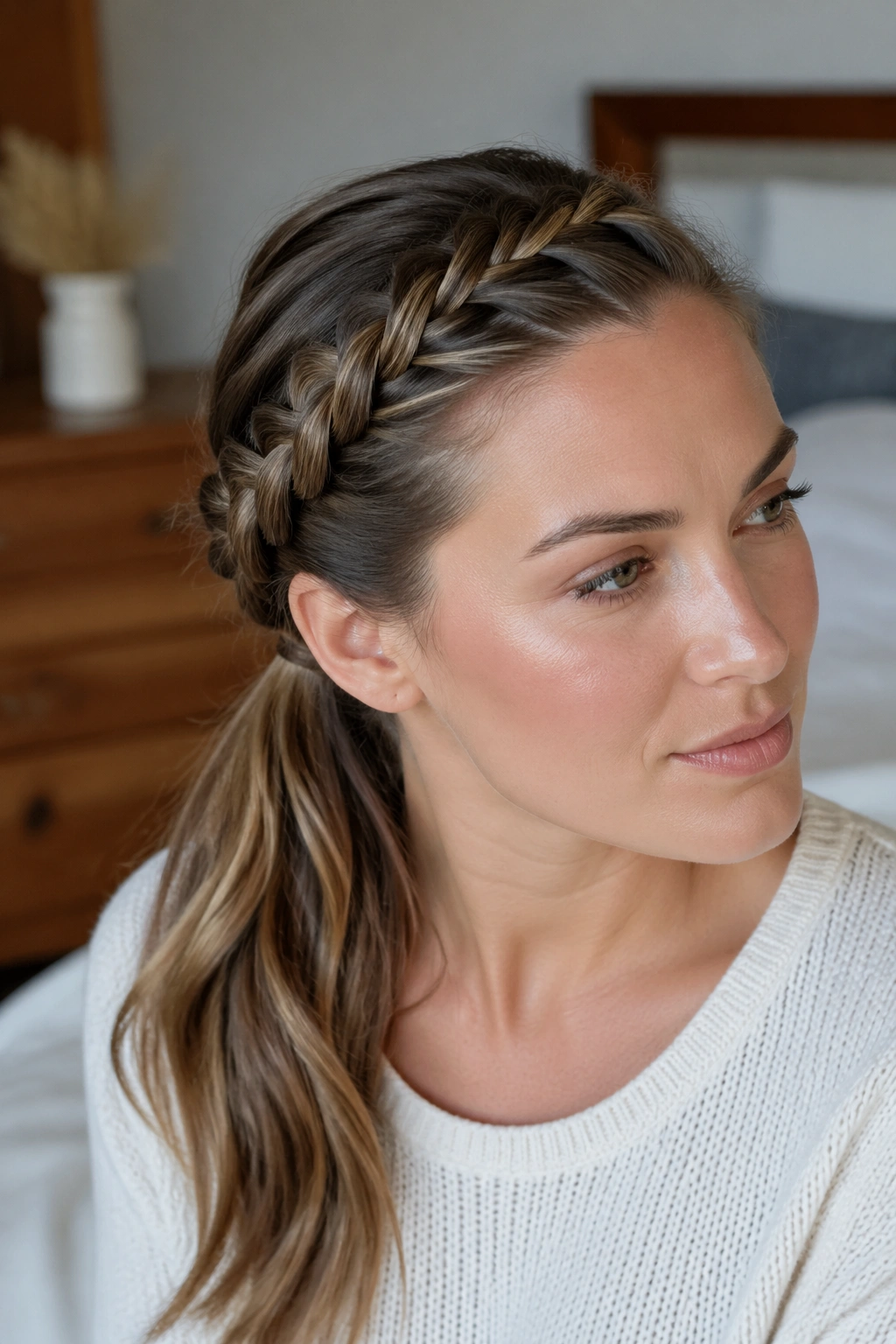 Close-up of a real woman with a Soft Side Dutch Braid Ponytail along a diagonal across the head
