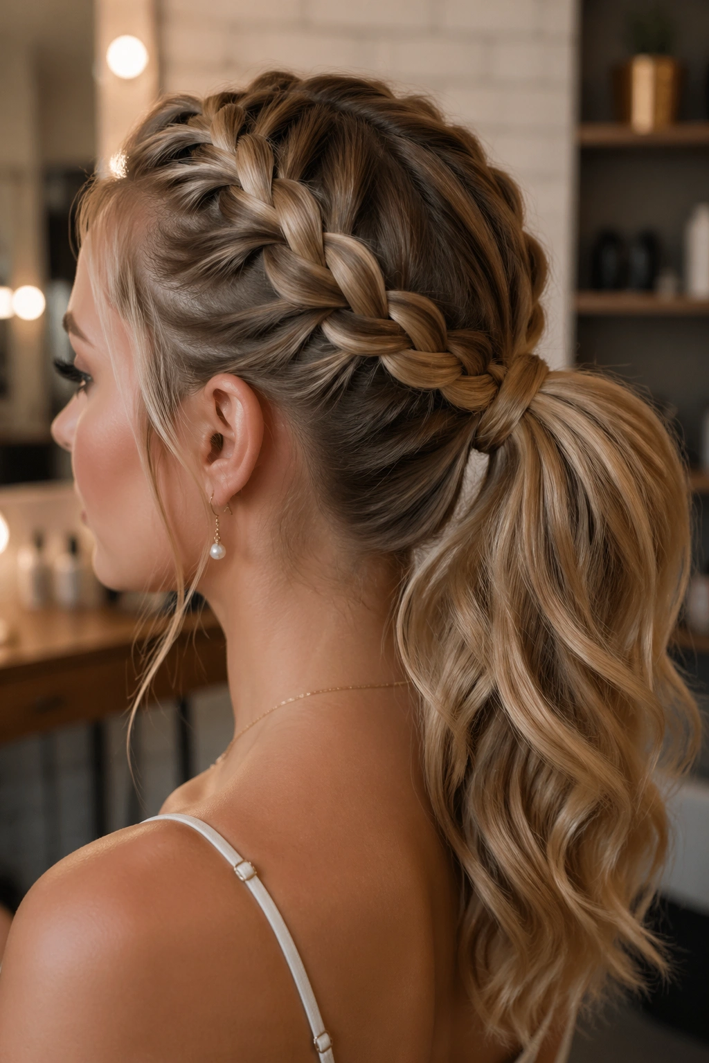 Close-up of a real woman with a Dutch braid running from crown to ponytail, in salon lighting