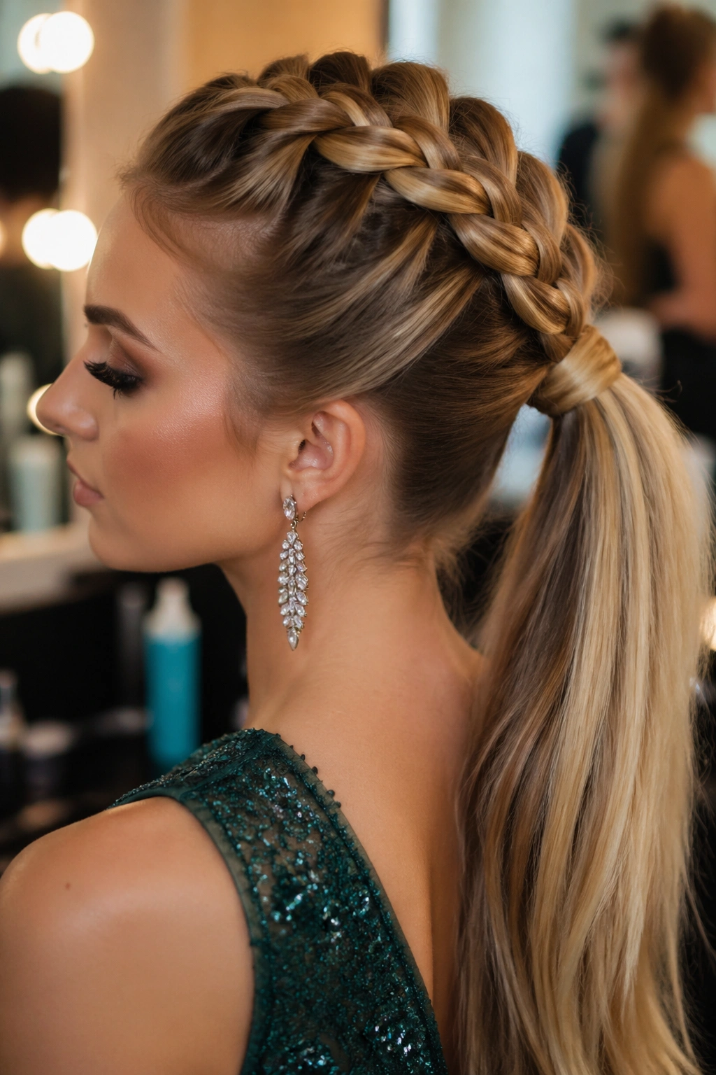 Close-up of real woman with a Dutch braid leading to a ponytail.