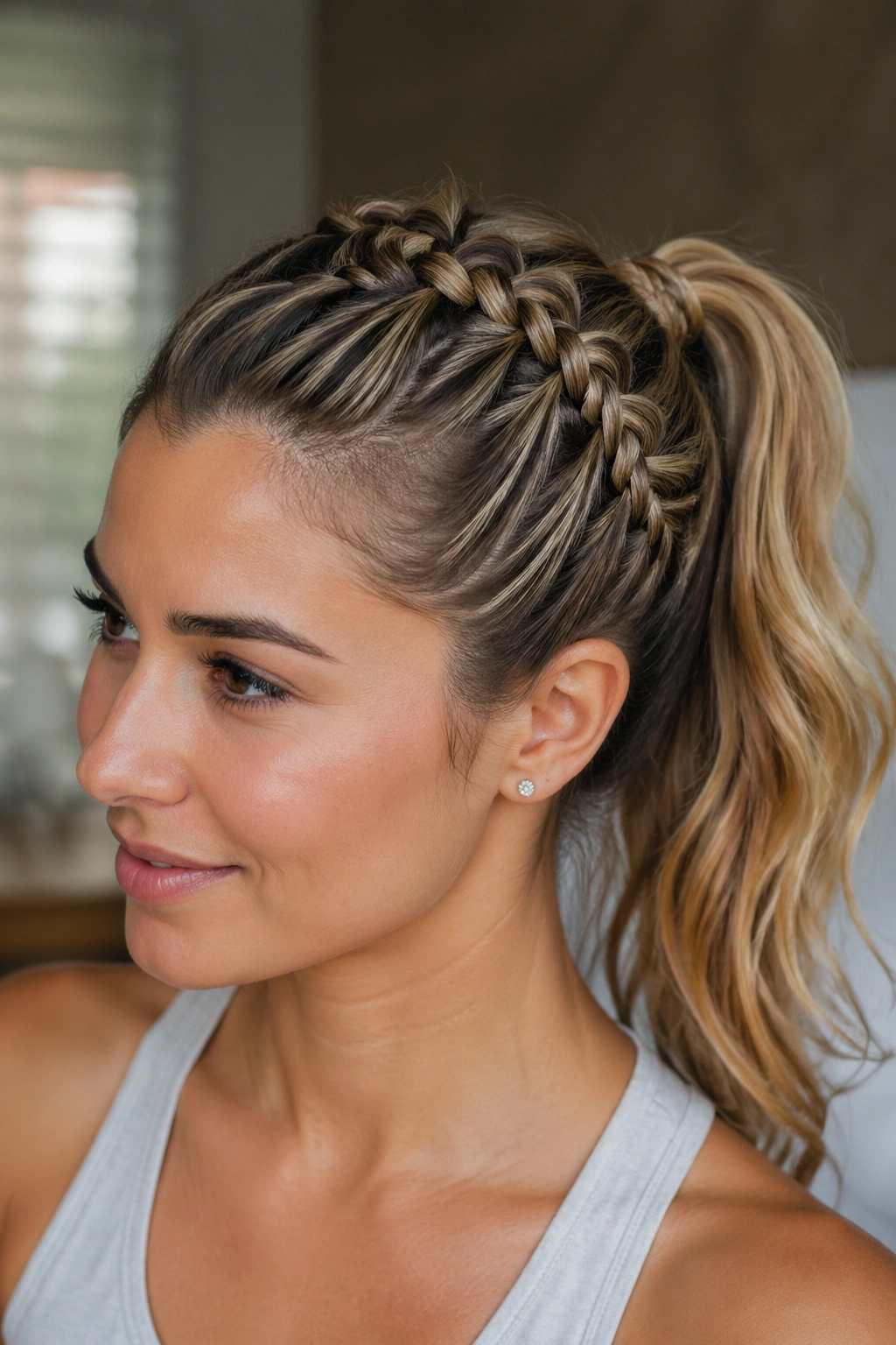 Real woman with Dutch braid transitioning into a ponytail