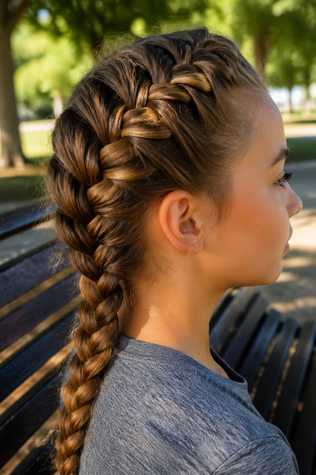 Real girl with a raised Dutch braid outdoors on a sunny day.