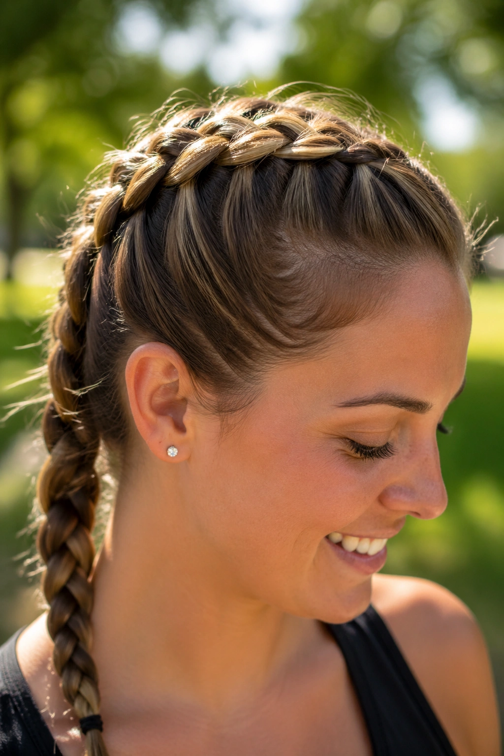 Close-up portrait of a real woman with a Dutch braid along the scalp.