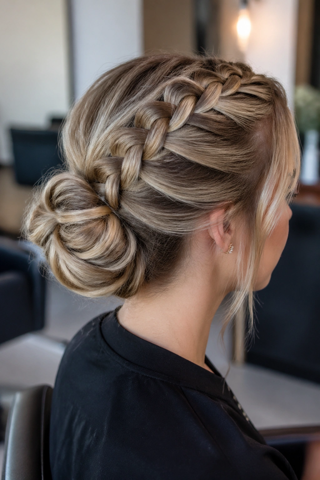 Close-up of a real woman with a Dutch braid leading to a round bun