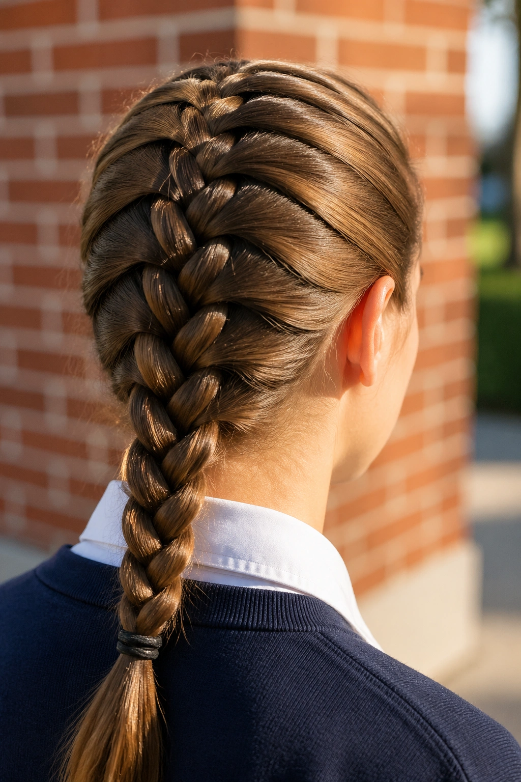 Close-up of a real student with a Dutch braid along the scalp in an outdoor school setting.