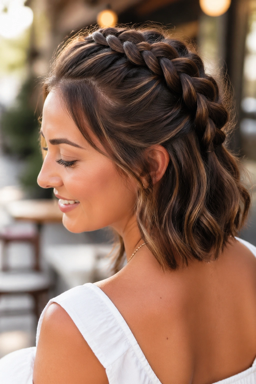 Close-up of a real woman's head showing a Dutch braid along the crown