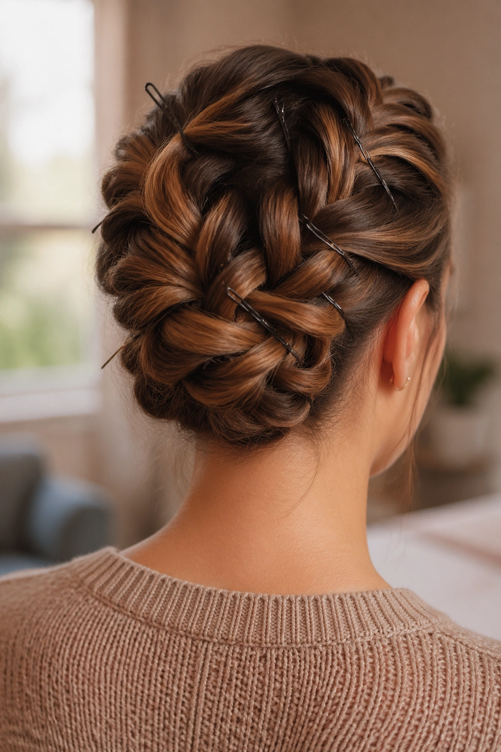 Back view of a real woman with a Dutch braid tucked into an updo secured with pins