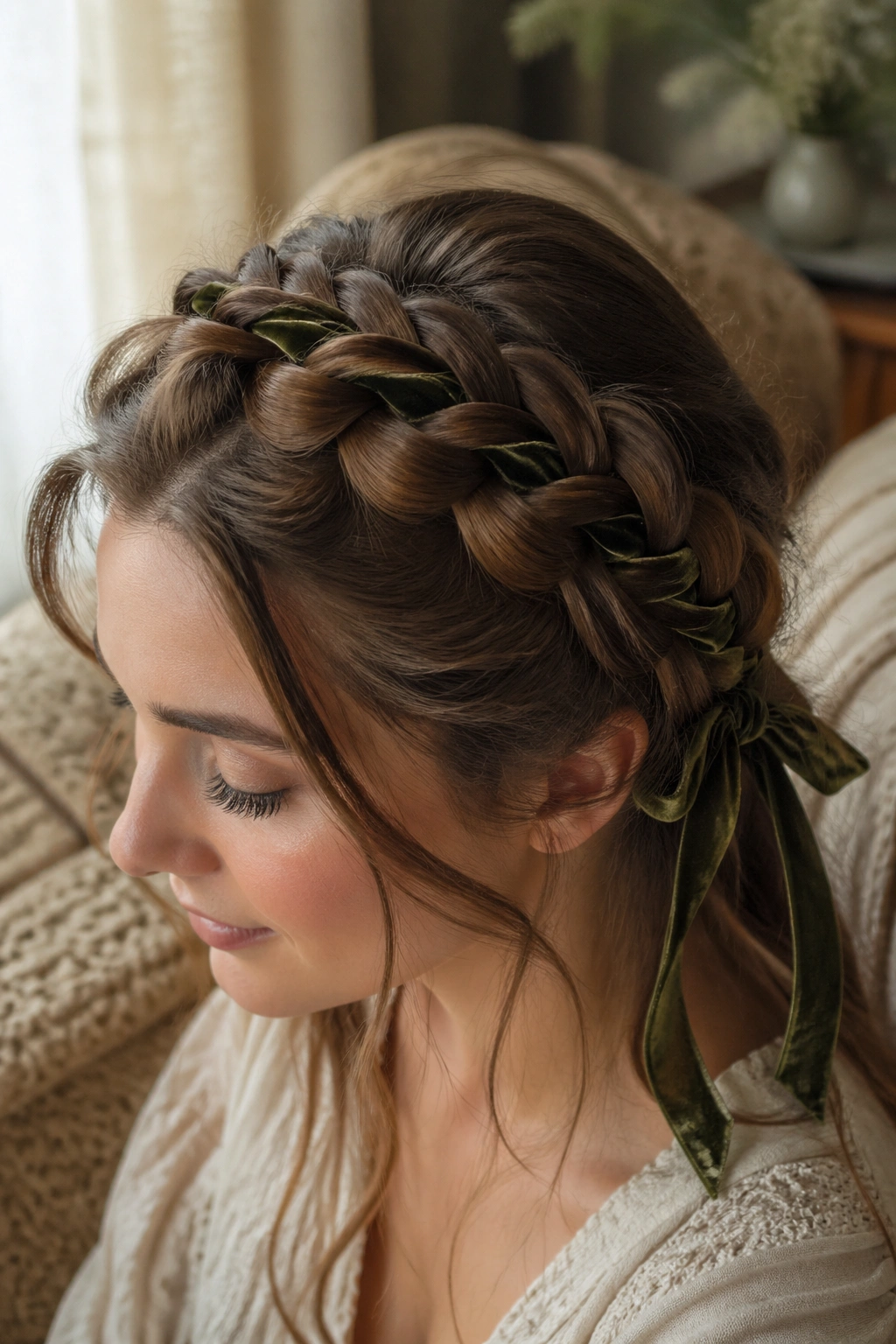 Close-up of a real woman's Dutch braid with velvet ribbon on top of hair