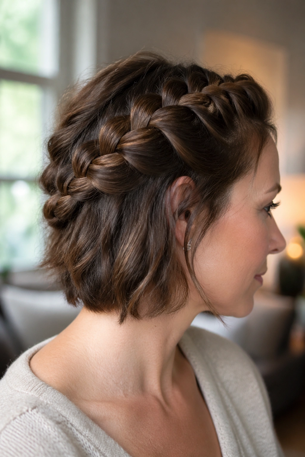 Close-up of a real woman with a Dutch braid on bob-length hair