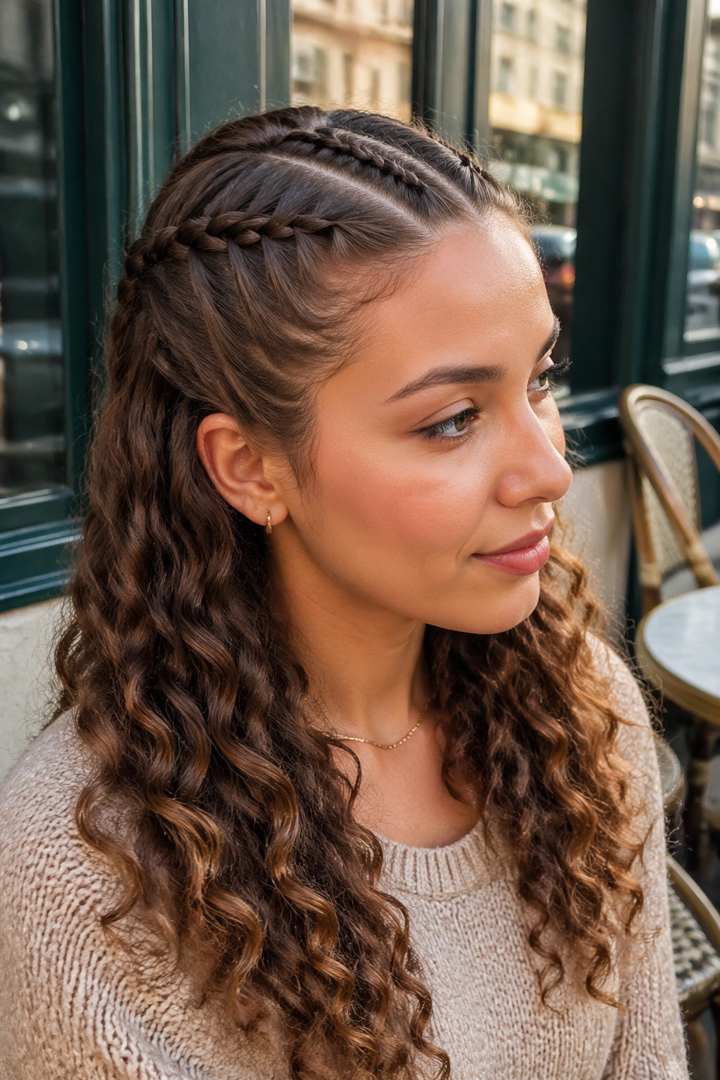Two skinny Dutch braids to the back on a real woman with loose curls