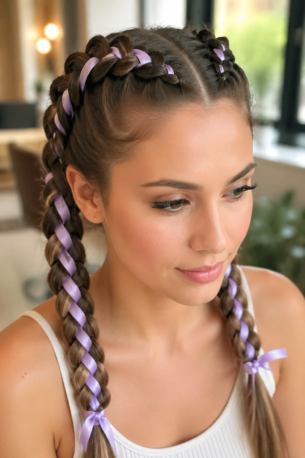 Close-up of a real woman wearing twin Dutch braids threaded with lavender ribbon