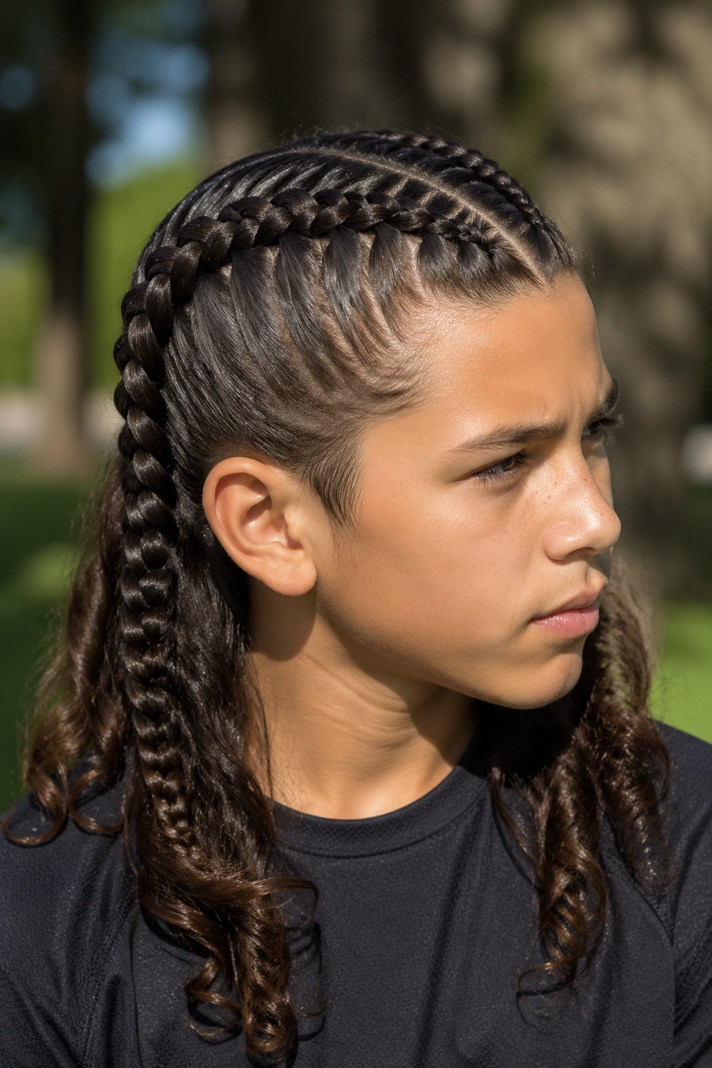 Close-up of a boy's head with raised Dutch braids on longer hair outdoors