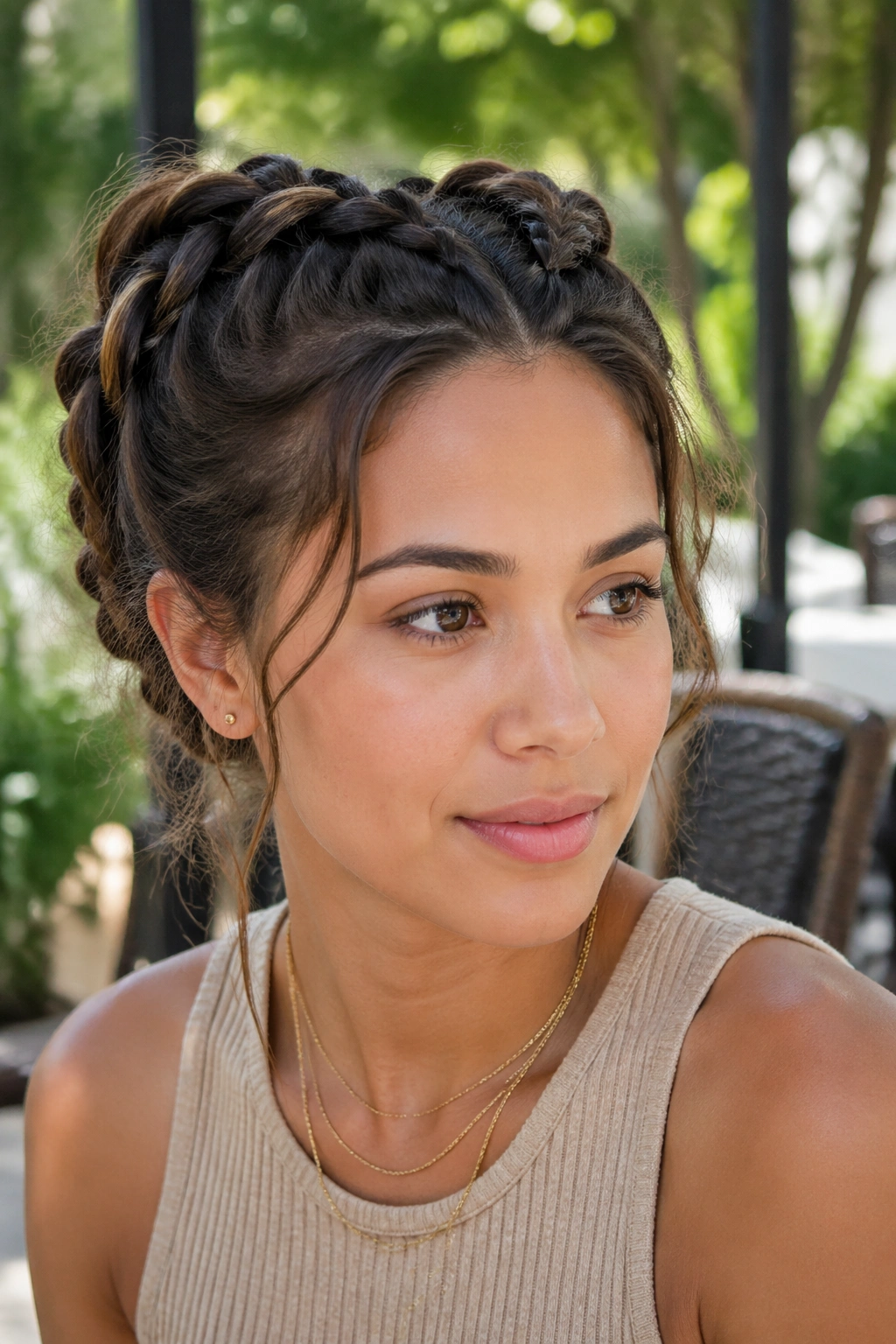 Close-up of a real woman with loose Dutch pigtail braids on top in daylight at a cafe.