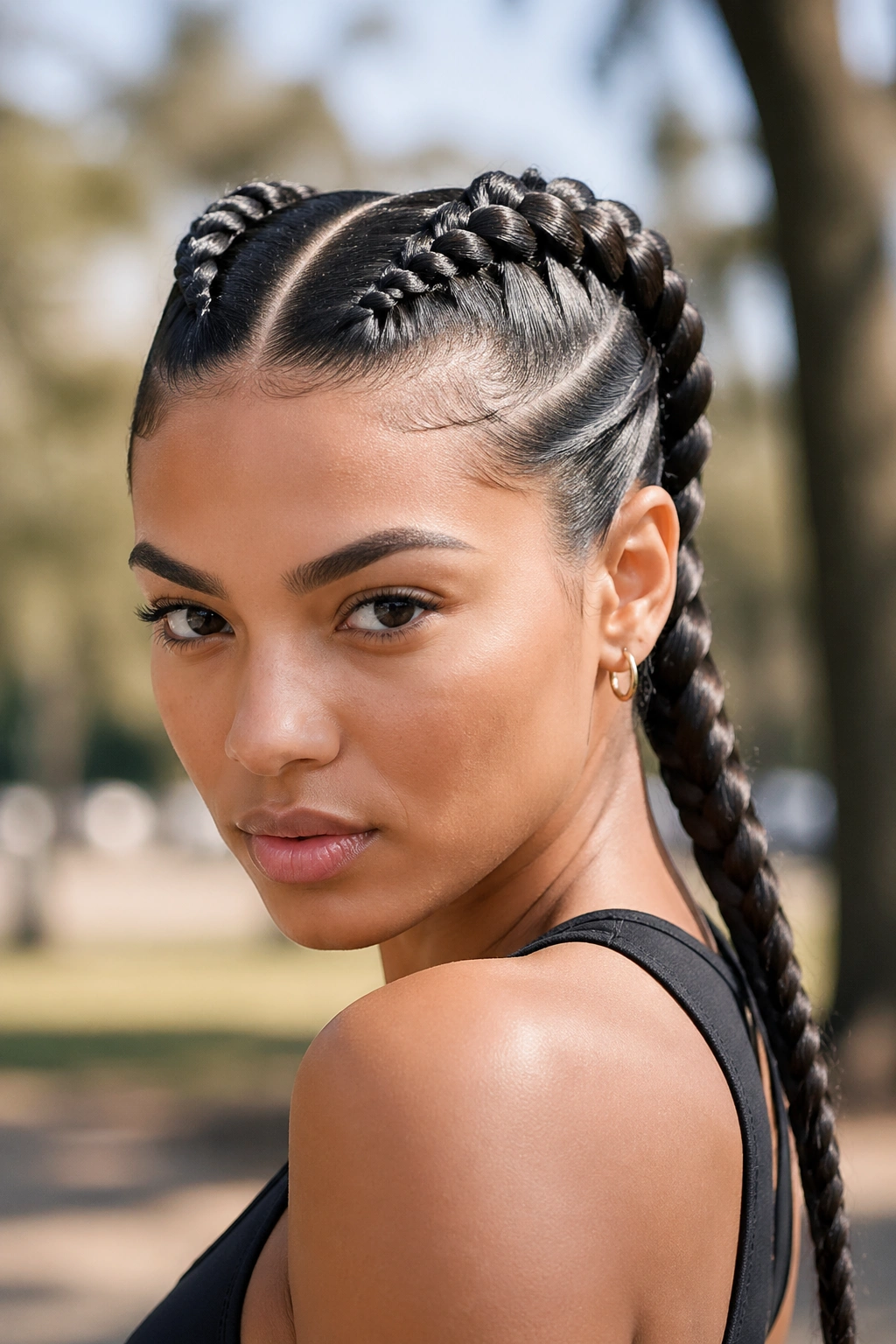 Close-up portrait of a real person with two Dutch braids perched on the scalp