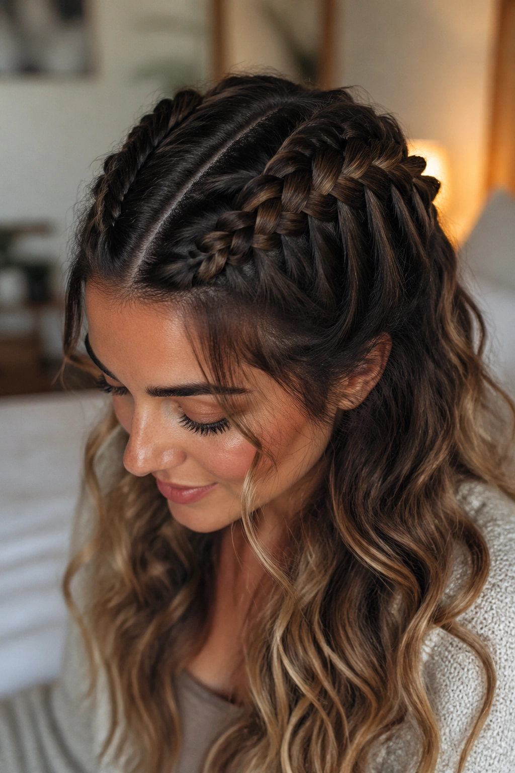 Real woman with two Dutch braids on top providing raised waves