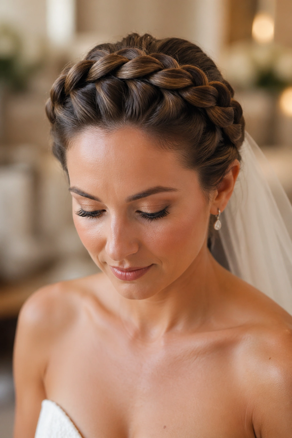 Bride with Dutch crown braid around the crown, elegant silhouette