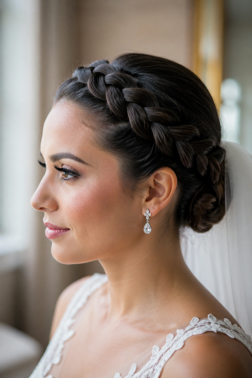 Close-up of a real bride with a sleek Dutch crown braid wrapping the hairline and tucked ends at the nape.