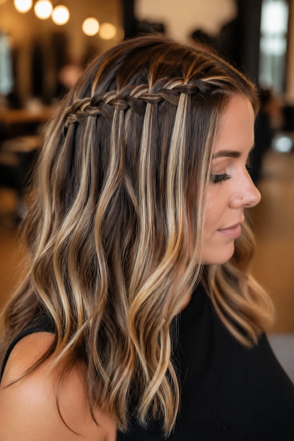 Close-up of Dutch-edge waterfall braid on a real person with chunky highlights