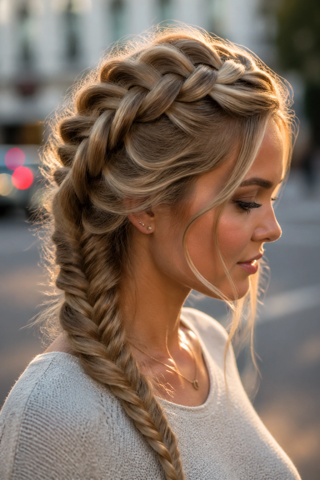 Portrait of a real woman with a Dutch fishtail braid on top of the head during golden hour