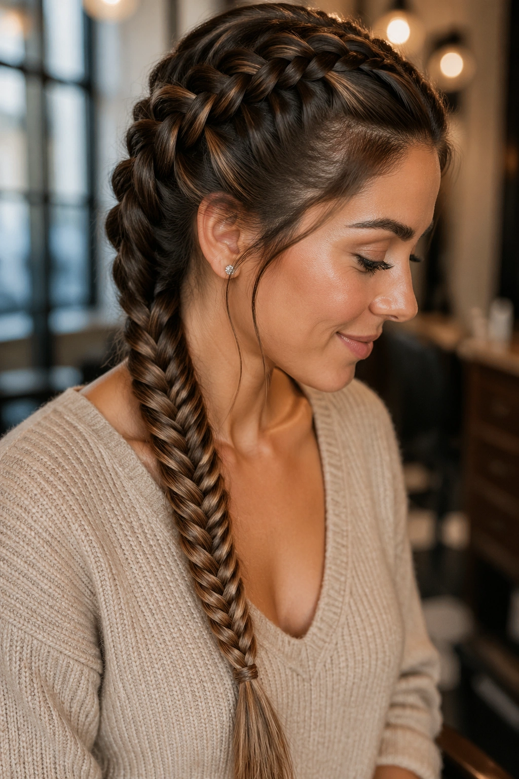 Real woman with Dutch-fishtail hybrid braid, close-up portrait.