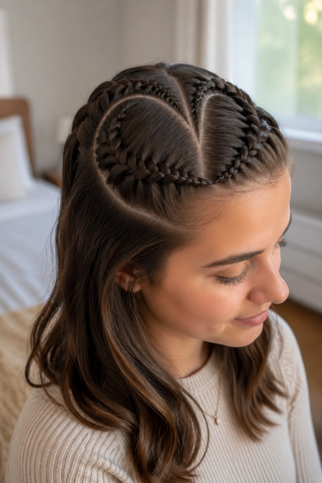 Close-up of a real person with a raised Dutch heart outline braid on the crown under warm natural light
