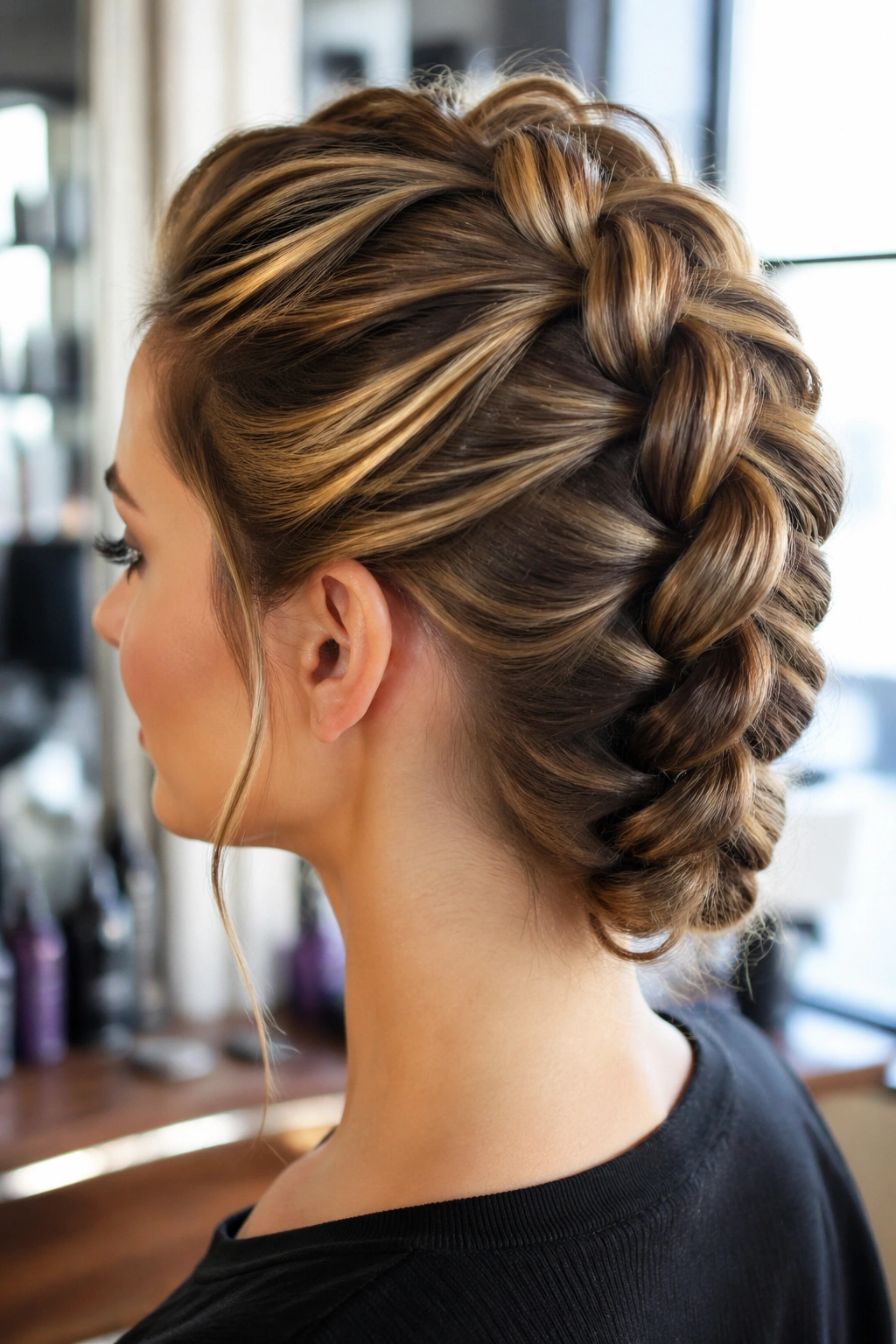 Portrait of a real person with a Dutch Mermaid Braid from crown to nape.