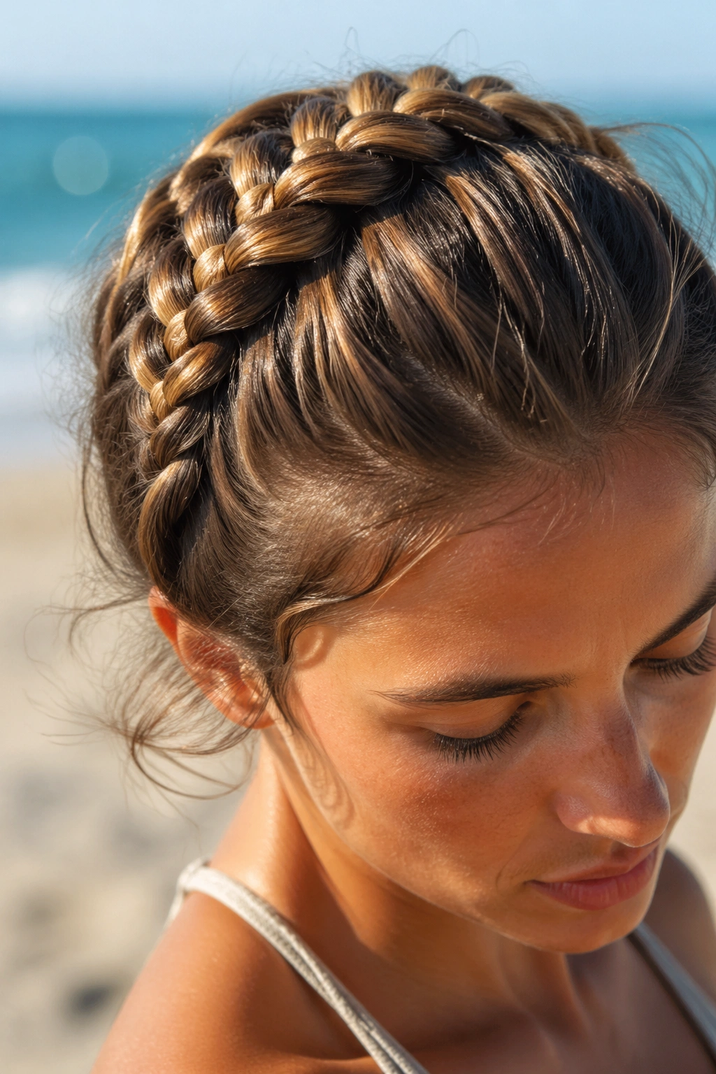 Close-up portrait of a real person with a Dutch rope braid raised ridge on top