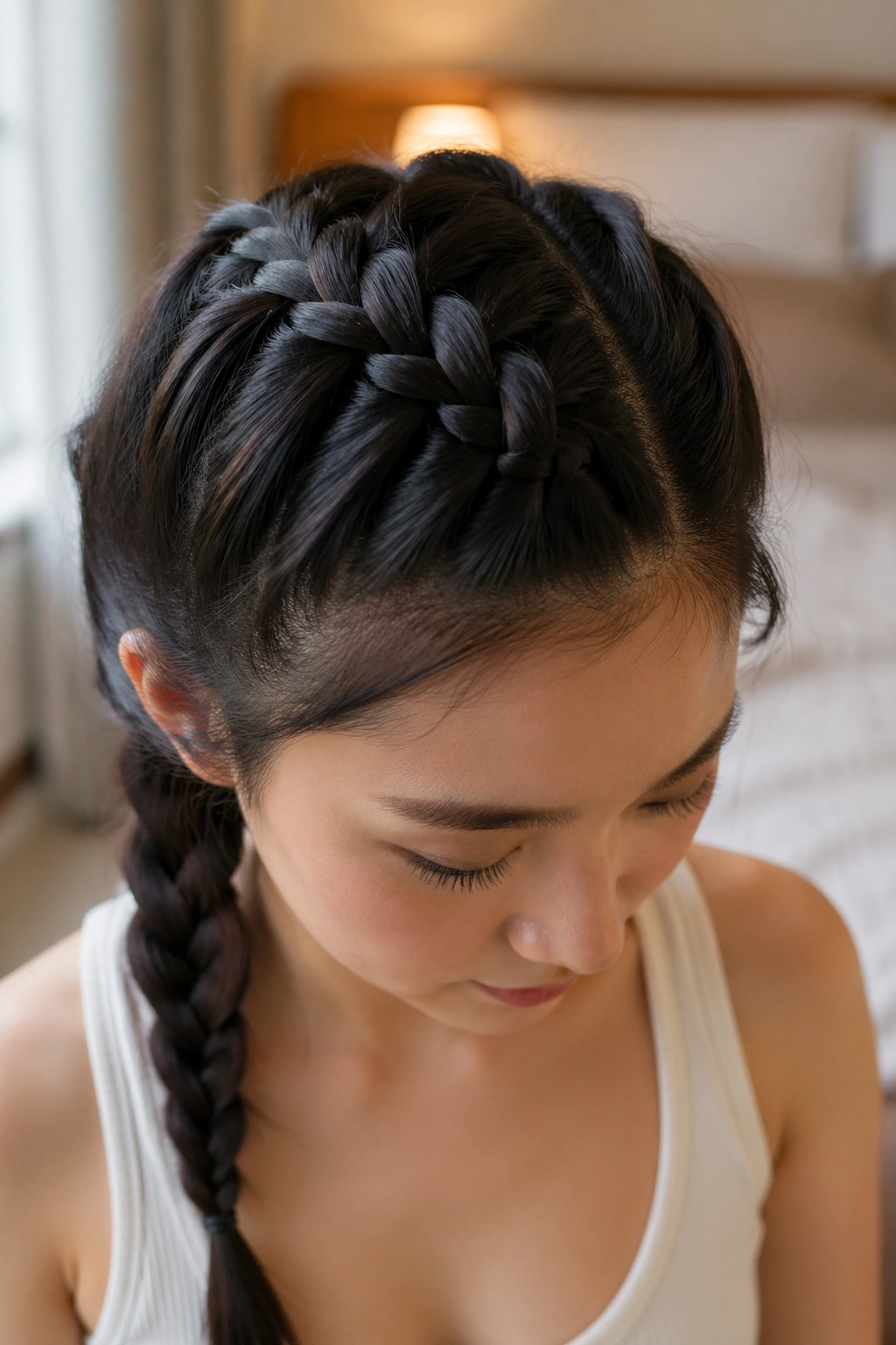 Close-up of a real woman with a Dutch braid on top of her head in a softly lit bedroom.