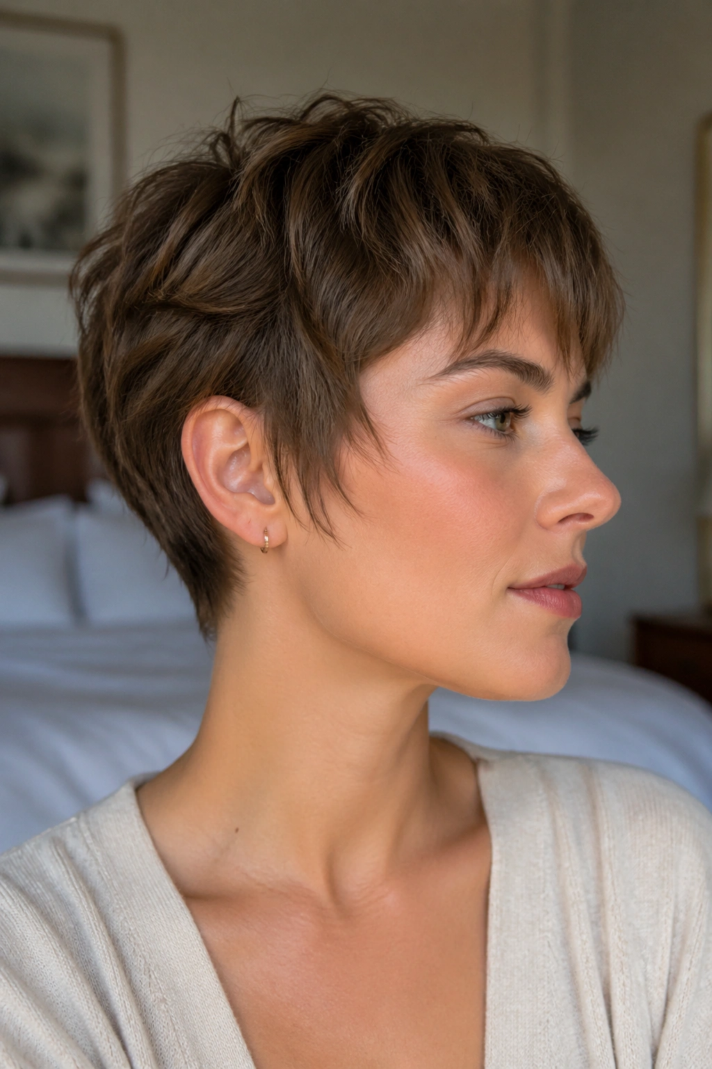 Close-up side portrait of a real person with ear-grazing pixie and wispy ends