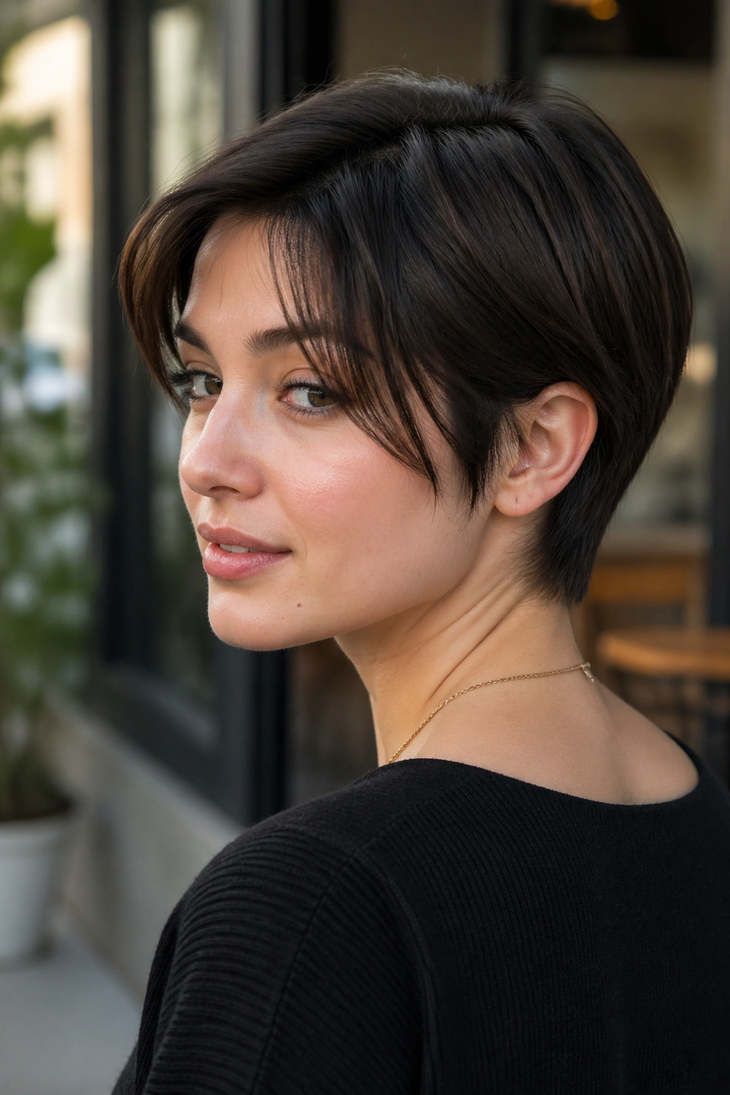 Close-up of a woman with ear-length cut and tapered nape at street-side cafe