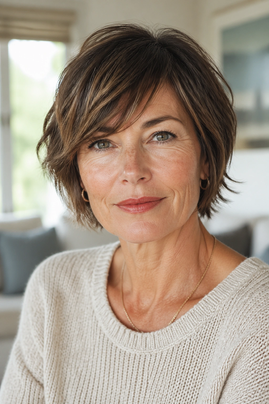 Woman with textured ear-length bob in a bright room