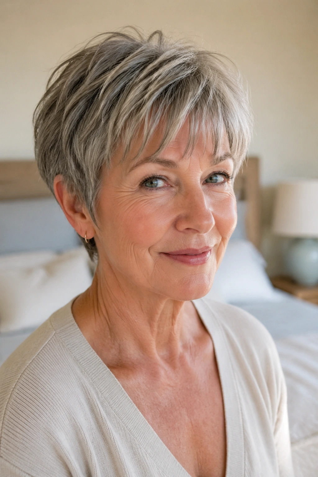 Close-up portrait of older woman with ear-length crop and wispy fringe, soft lighting.