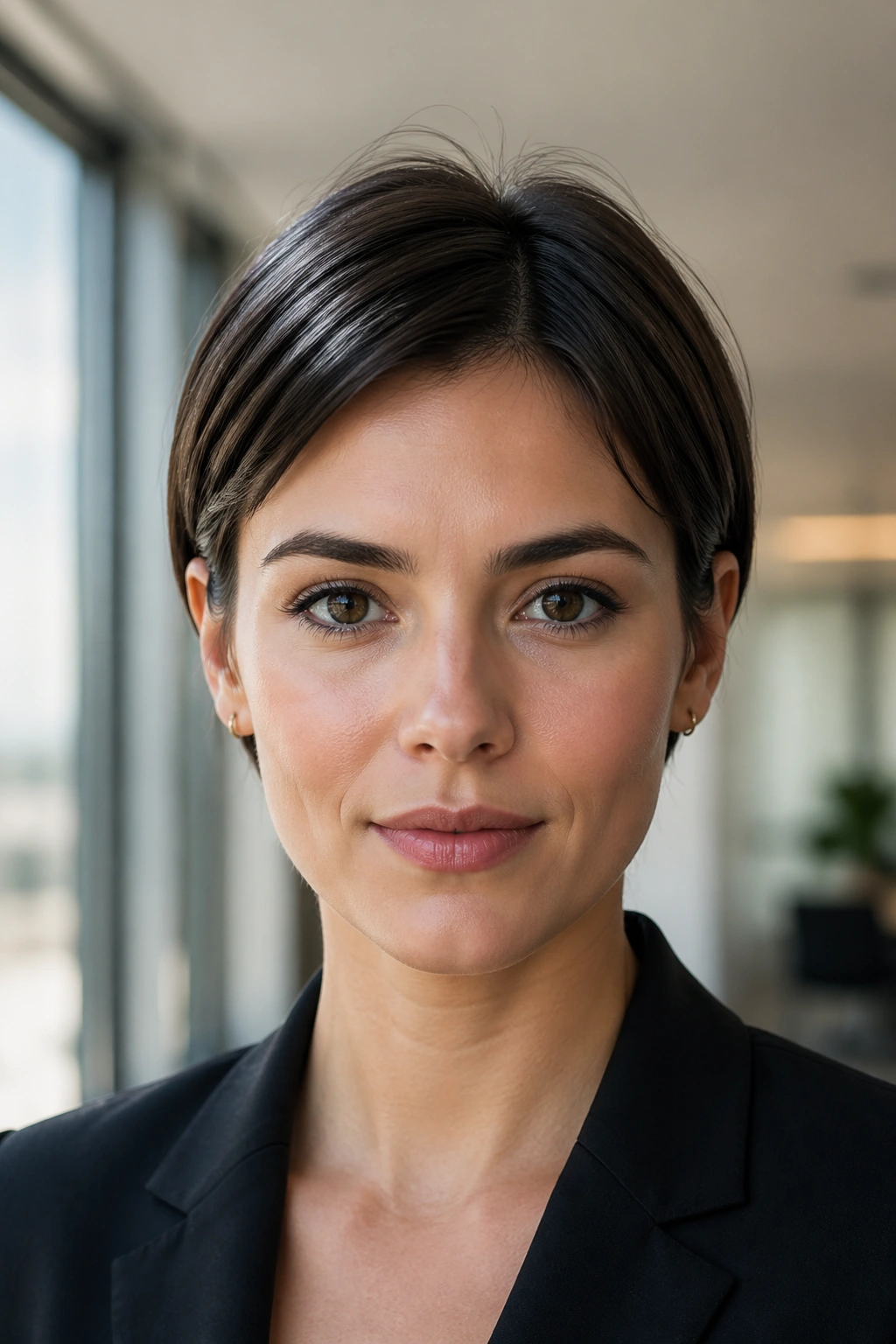 Portrait of a real woman with an ear-length crop and clean edge around ears.