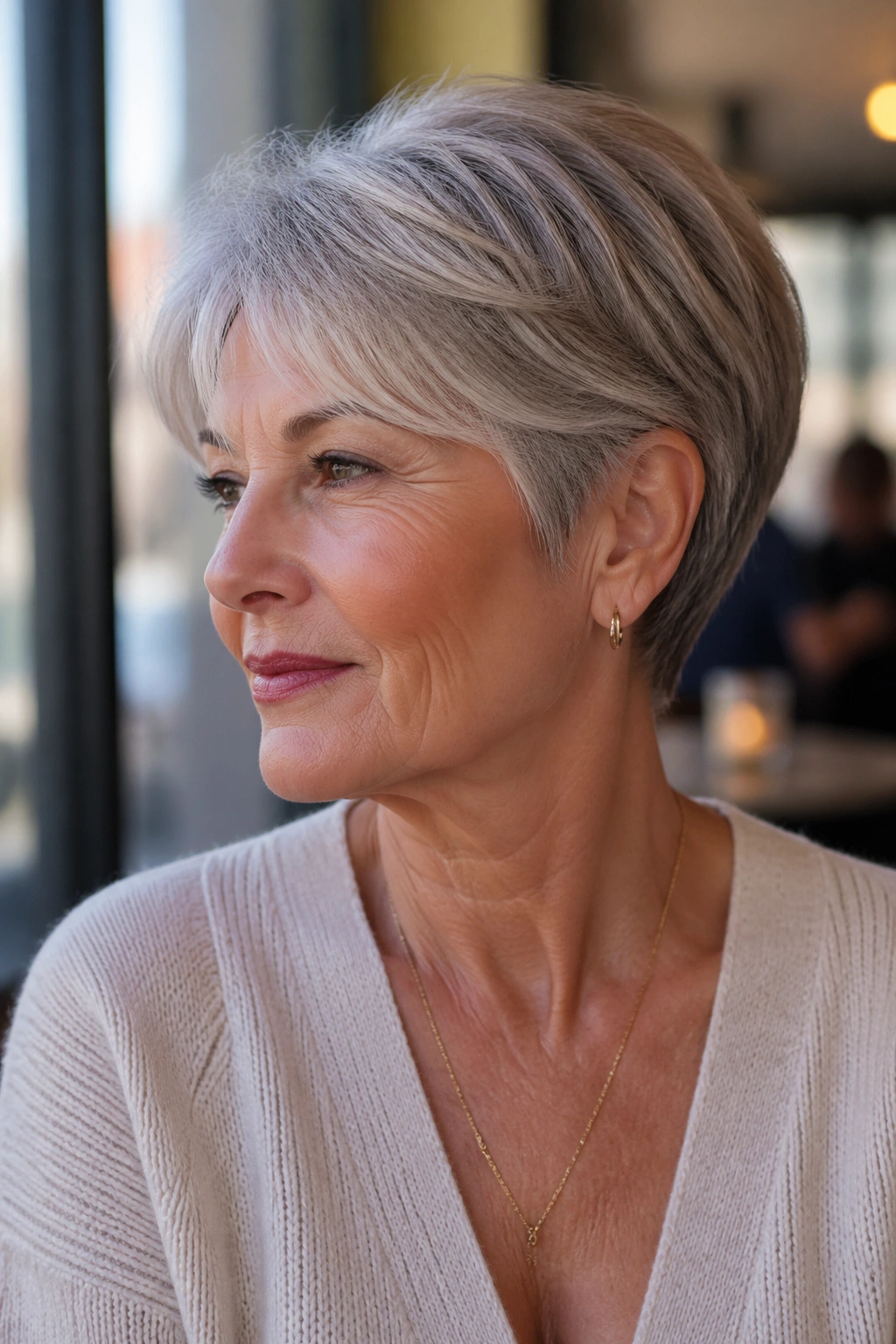Close-up portrait of a woman with an ear-length crop and light, clean silhouette