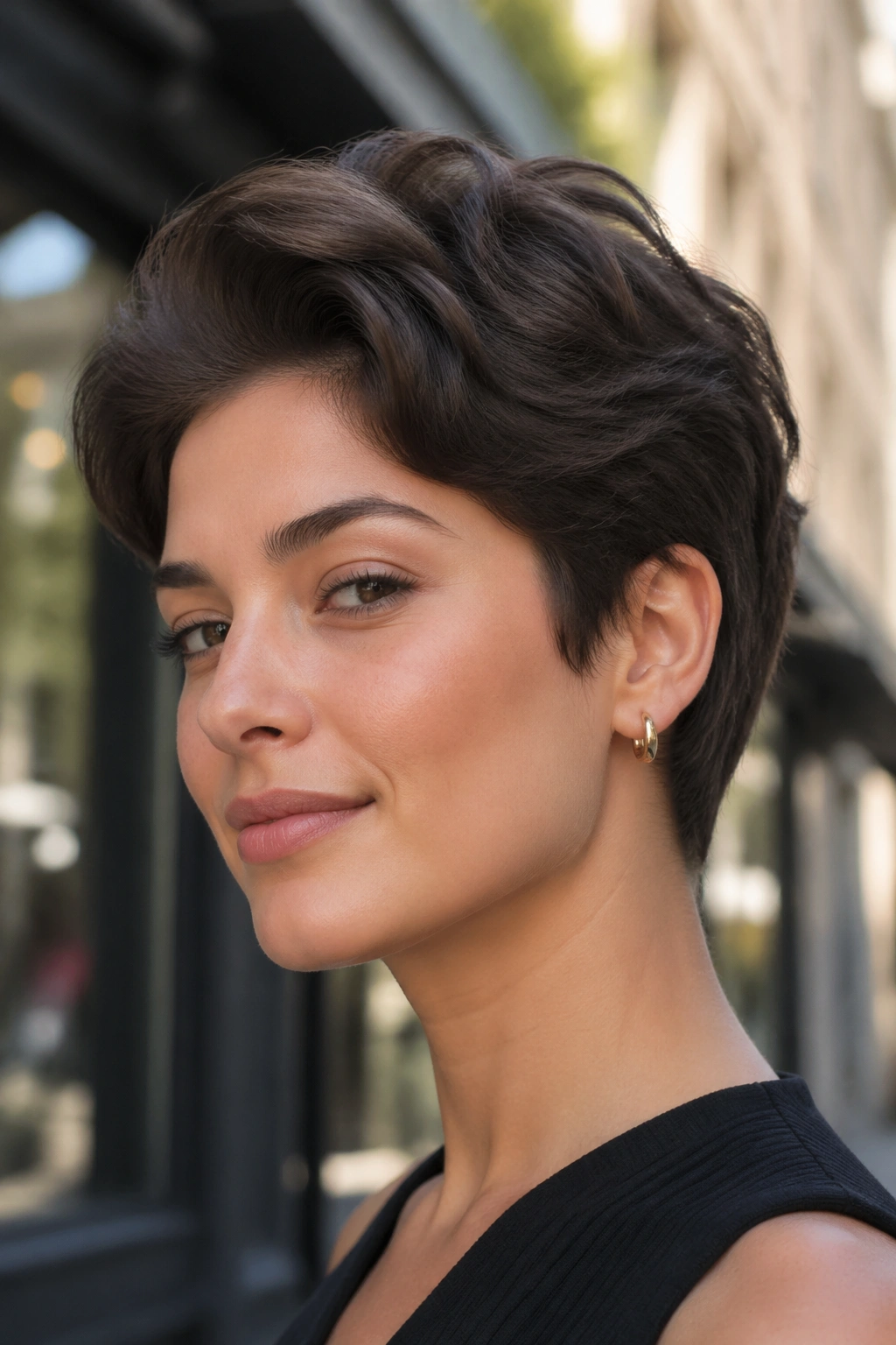 Close-up of real woman with ear-length crop in urban daylight