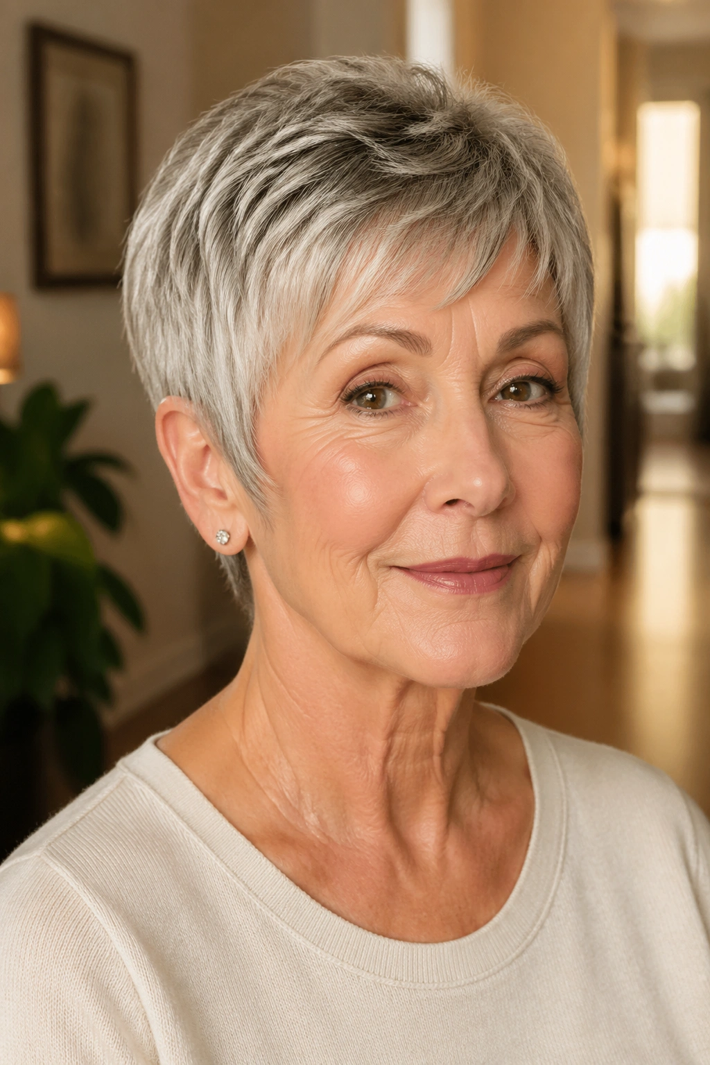 Close-up of an older woman with an ear-length crop and soft sideburns in a home setting.