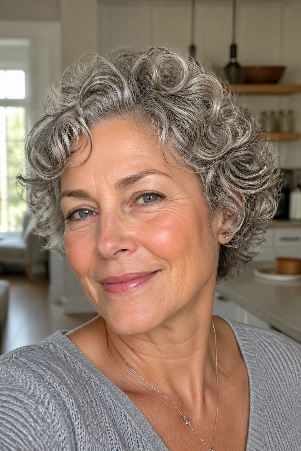 Close-up portrait of a real woman with ear-length curly cut