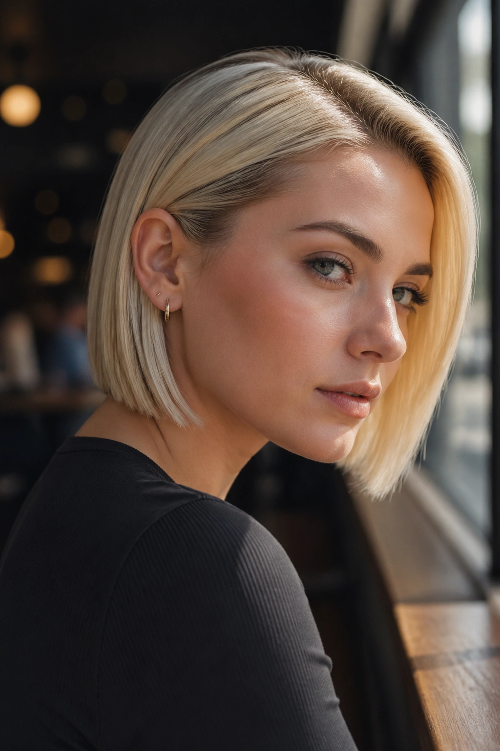 Close-up of a real woman with sleek ear-tucked blonde bob and sharp ends