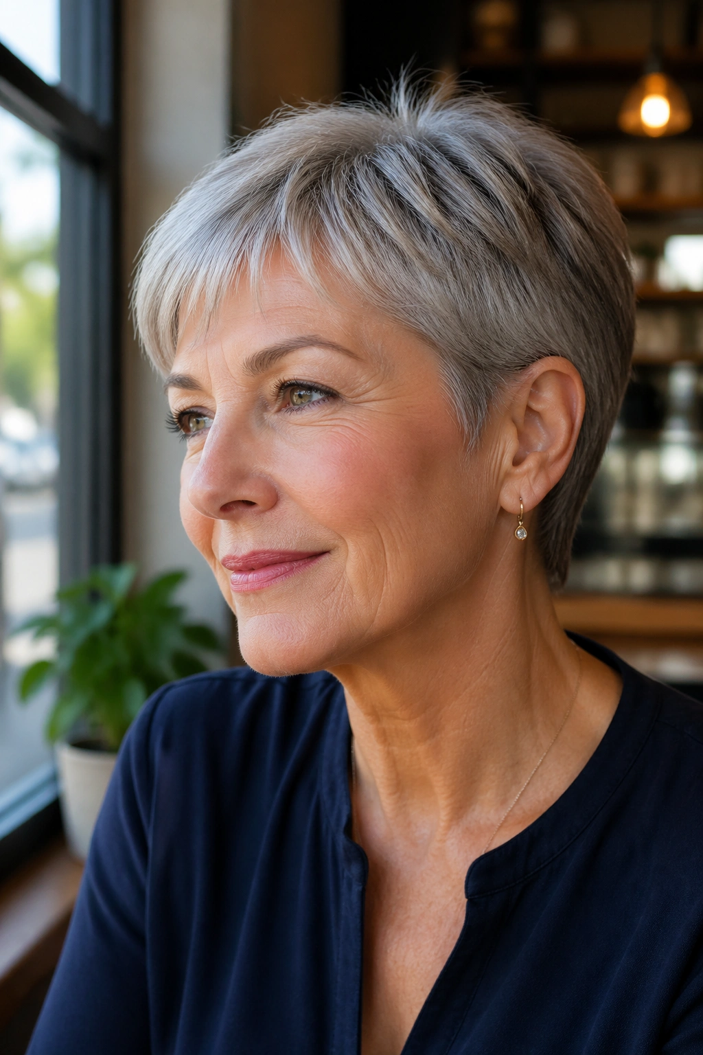 Portrait of a real woman with ear-tucked pixie hairstyle