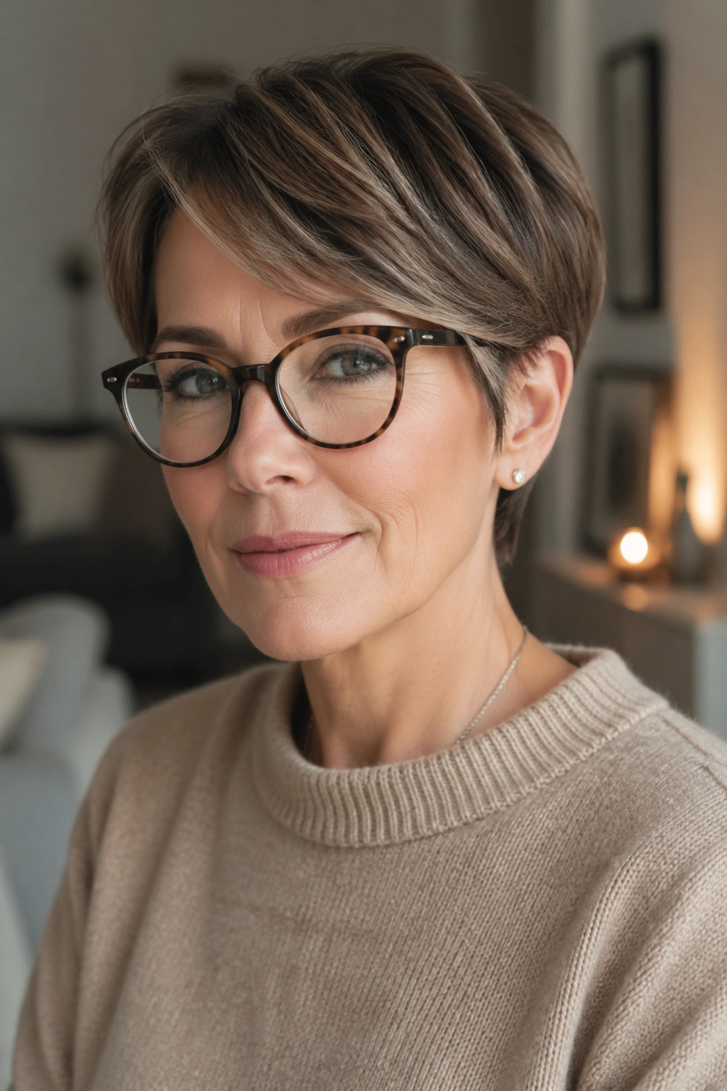 Close-up of a real woman with ear-tucked soft pixie hairstyle in a cozy living room.