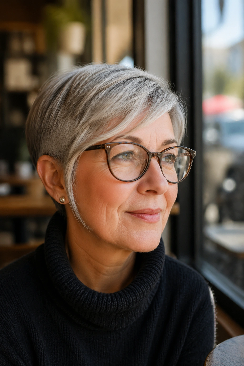Close-up of a real woman with ear-tucked pixie hairstyle and soft side pieces by a window
