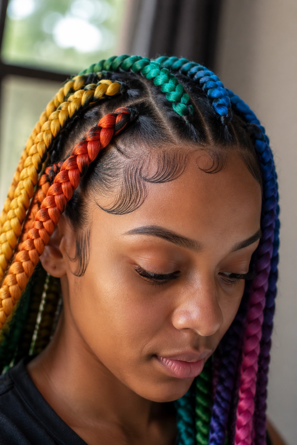 Close-up of rainbow braids framing the face with neatly finished edges