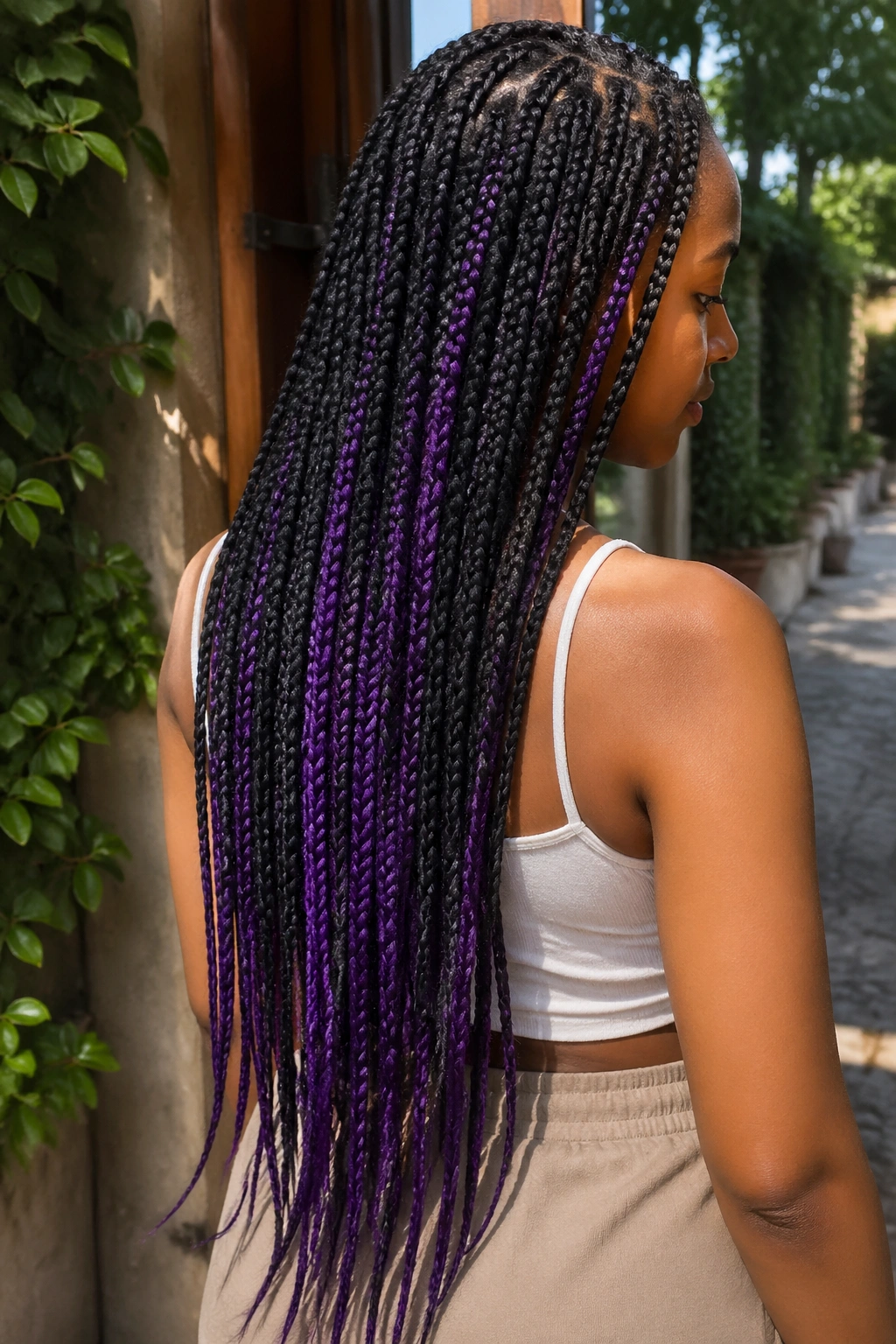 Waist-length box braids with eggplant underlayers visible mid-lengths