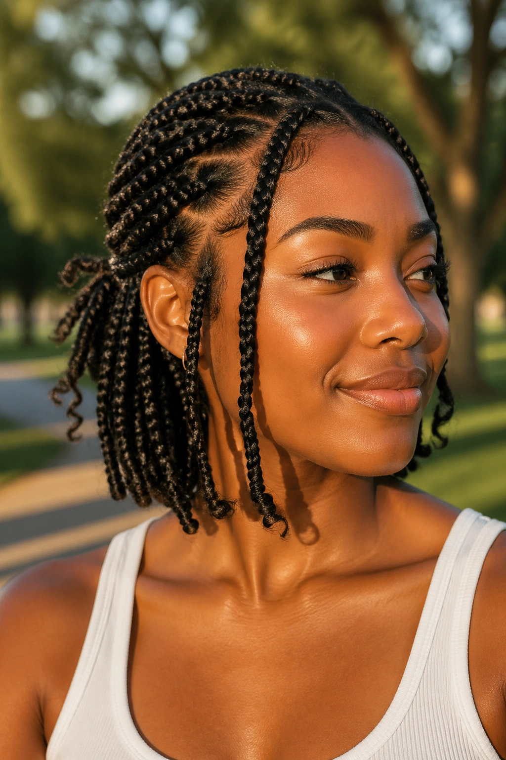 Close-up of a real woman with two elastic ponies on short boho box braids