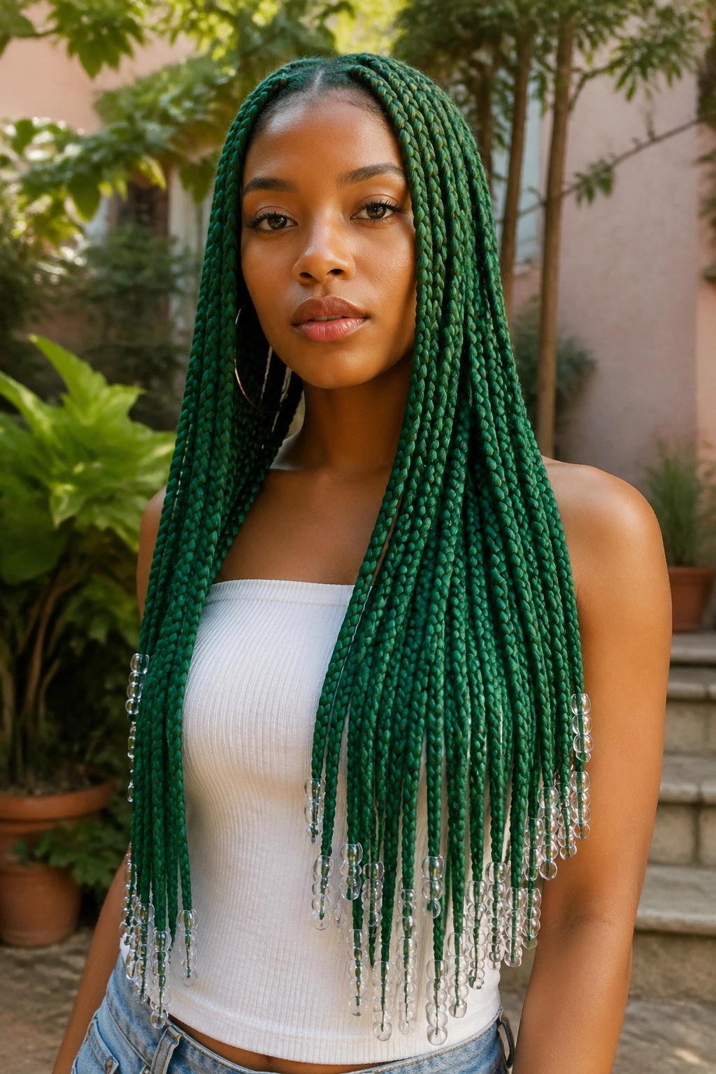 Close-up of emerald waist-length box braids with clear beads on a real person in a sunlit garden