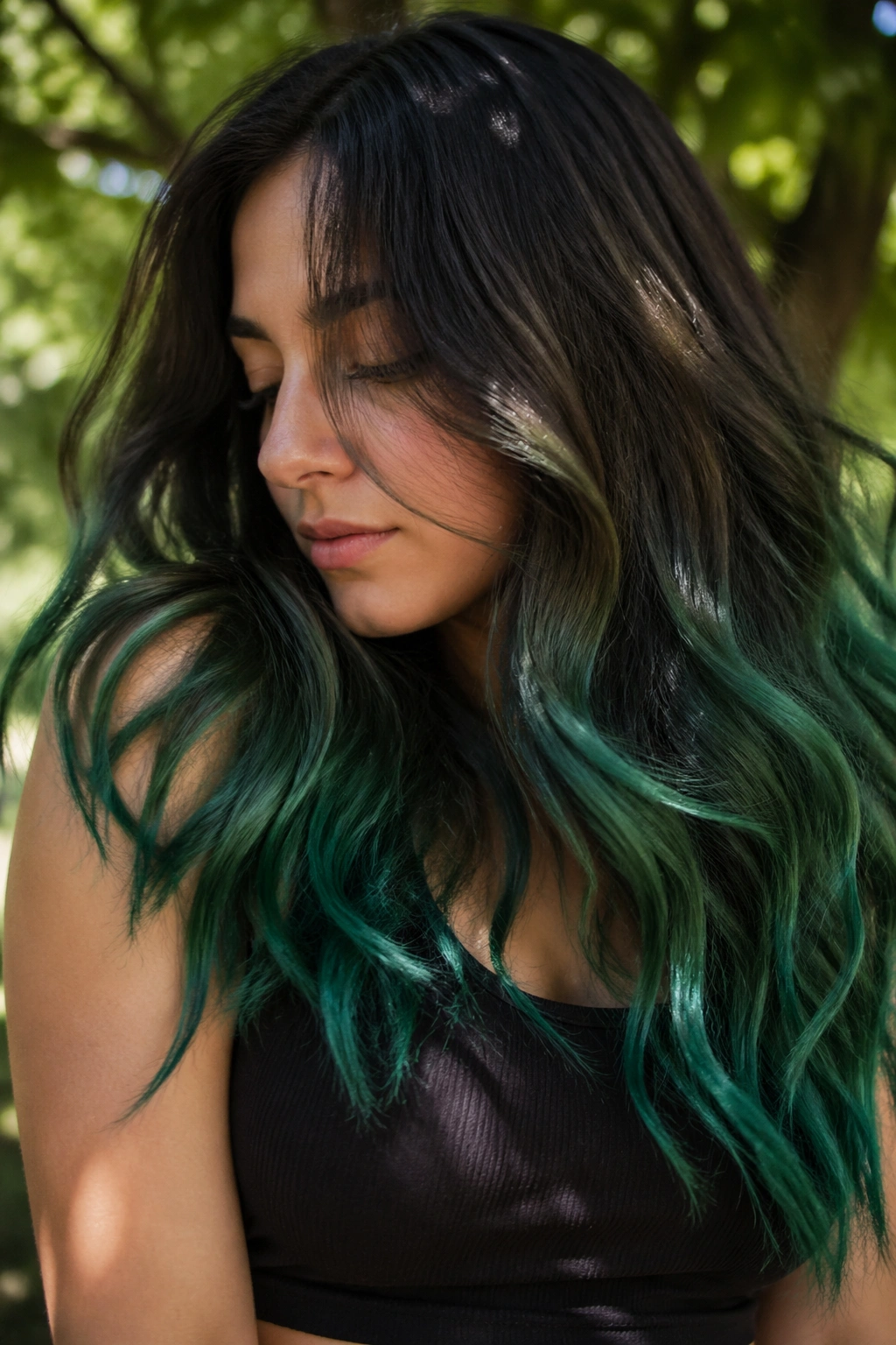 Real person with emerald ends and natural roots in outdoor lighting.