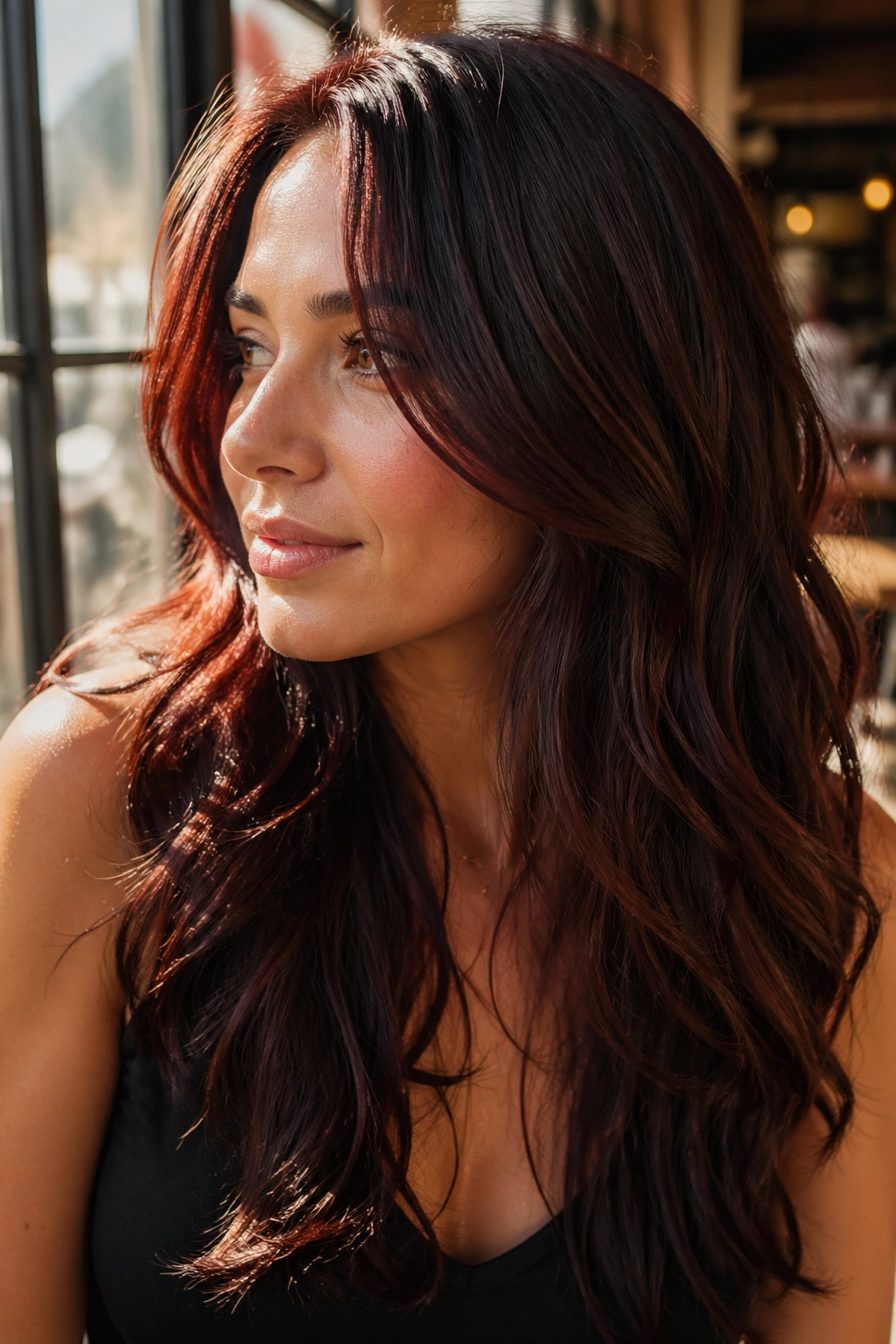 Close-up of espresso auburn hair on a real person with subtle red highlights