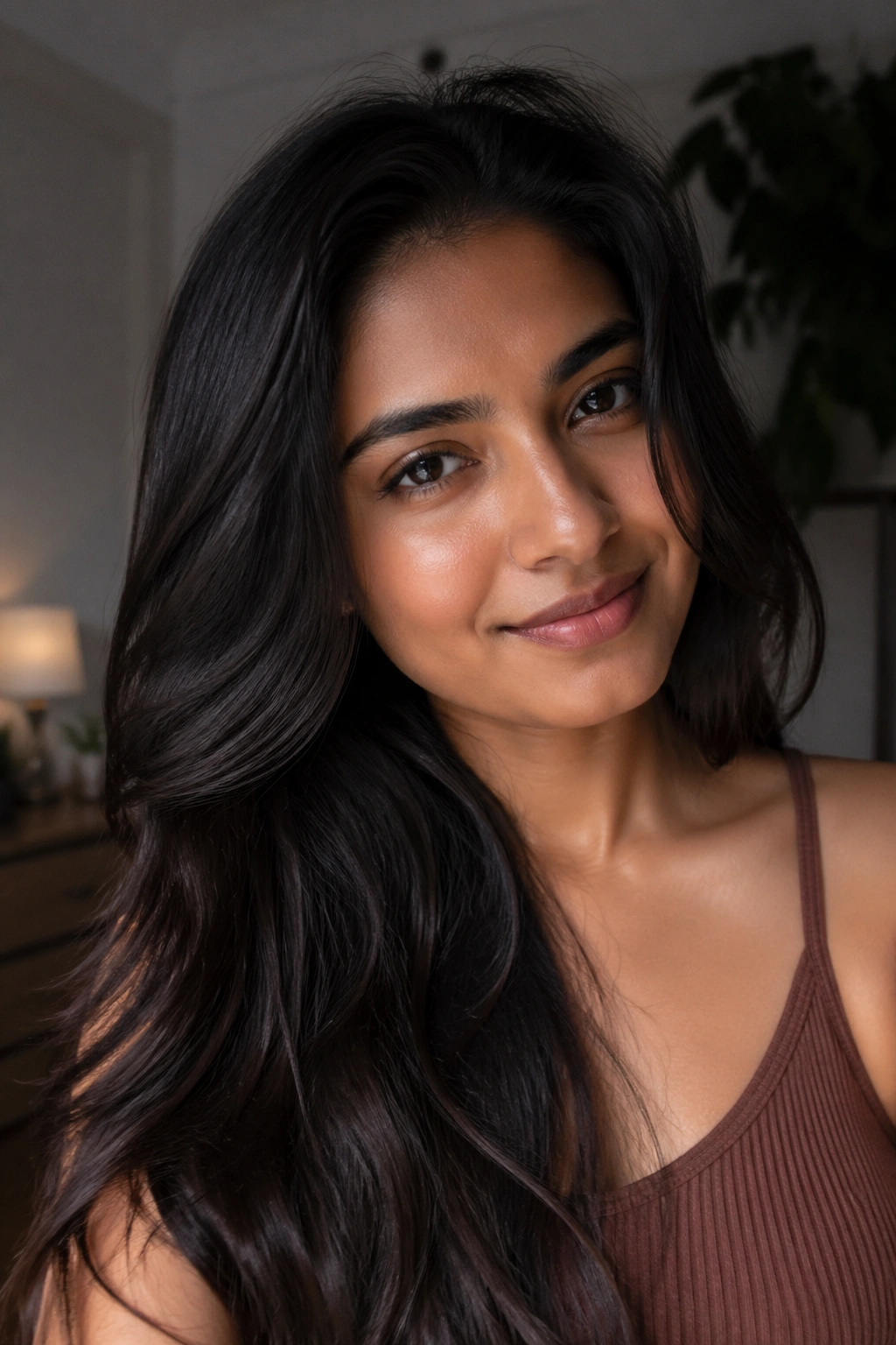 Close-up portrait of a real person with soft espresso black hair and warm undertones